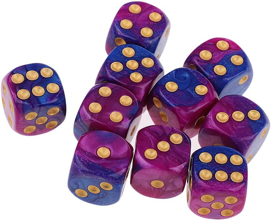 10 dados poliédricos D6 de 0.632 pulgadas de acrílico para juegos de mesa RPG MTG DND (morado y azul)
