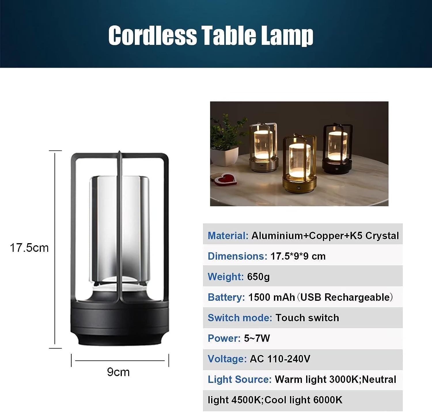 Lumisom – Lámpara de mesa Lumisom, lámpara de mesa de farol de cristal Lumisom, luz Lumisom, 3 colores recargables e inalámbricas para luces de