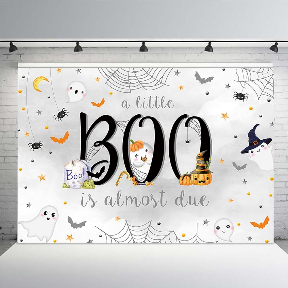 MEHOFOND Telón de fondo de Halloween para baby shower de 7 x 5 pies para niño, fantasma blanco a Little Boo is Almost Due Spooky Ghost Background