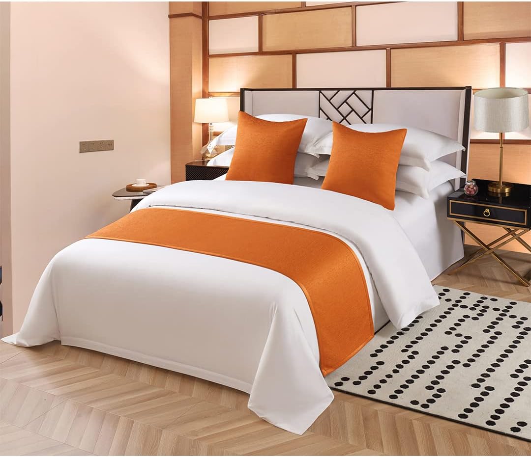 KOMAGOME – Bufanda de cama sólida, para cama de hotel, hostal, resorts, dormitorio (naranja, 94.5 x 18.9 in para cama de 5.9 ft)