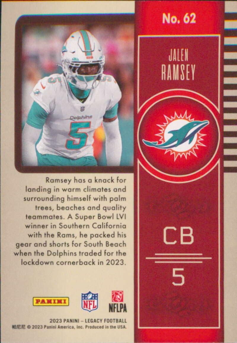 2023 Panini Legacy #62 Jalen Ramsey Miami Dolphins Official NFL Football Card in Raw (NM or Better) Condition