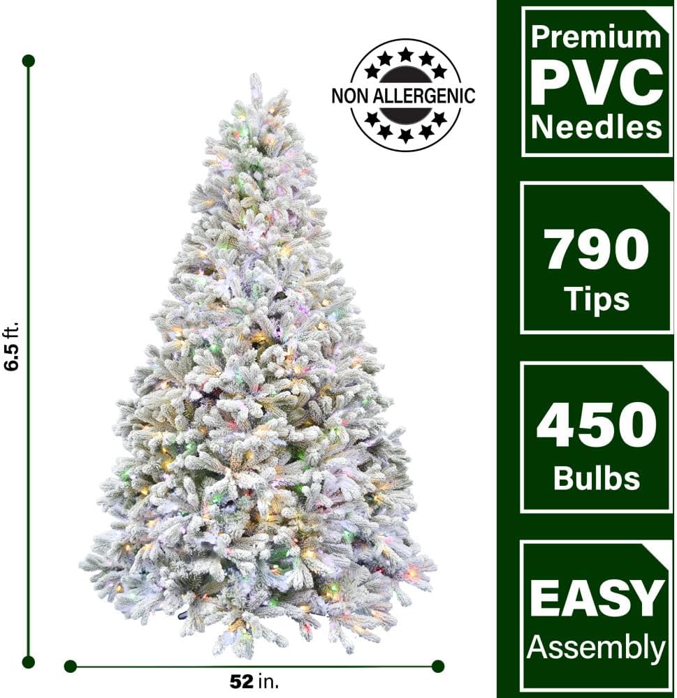 Fraser Hill Farm Árbol de Navidad artificial flocado de 6.5 pies con luces LED multicolor y soporte, árbol falso plegable preiluminado con follaje