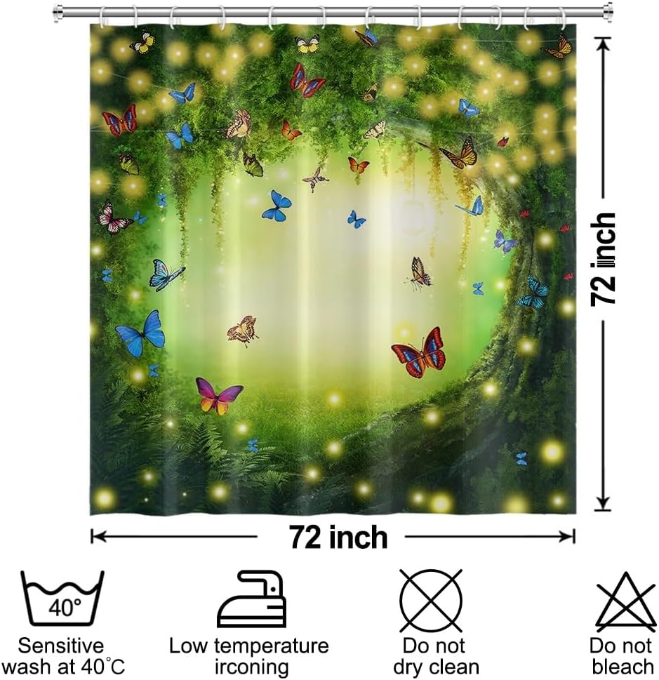 Uiiooazy Cortina de ducha de primavera para baño, diseño de mariposas azules, sol, juego de cortina de tela impermeable para bañera, hojas de árbol