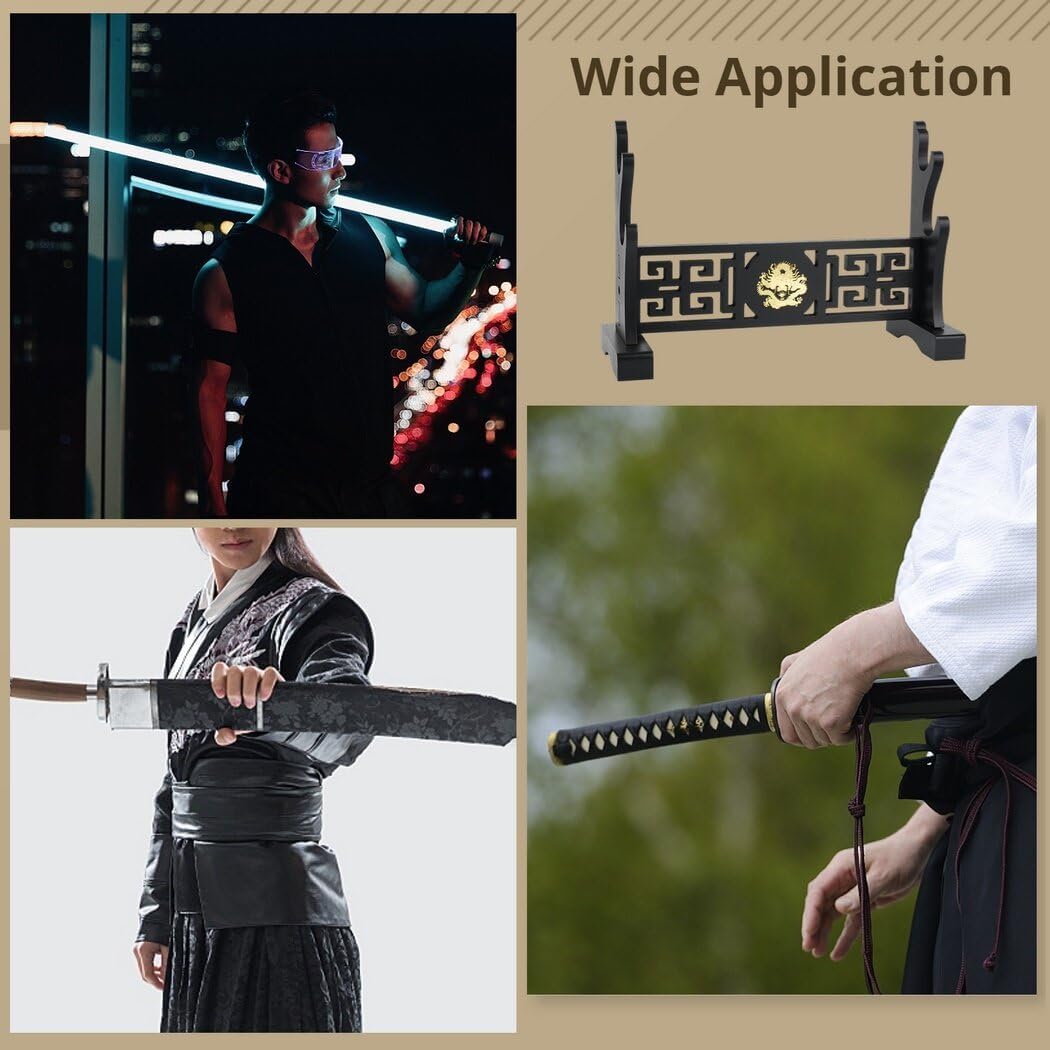 Five-Clawed Loong Wooden Sword Holder, Classical Chinese Stand for Swords, Dual-Layer Display Rack for Katanas, Wakizashis, and Lightsabers