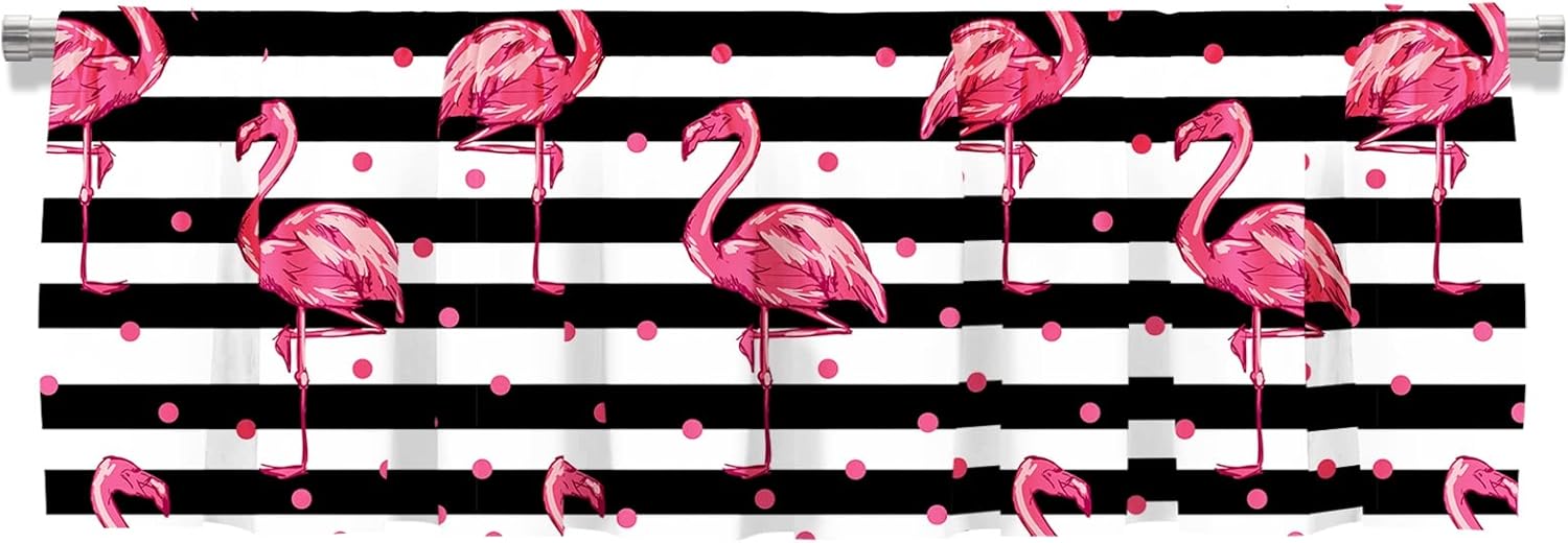 Cenefa de cortina corta con bolsillo para cortinero con diseño de flamenco rosa sobre rayas blancas y negras para decoración de cocina, dormitorio,