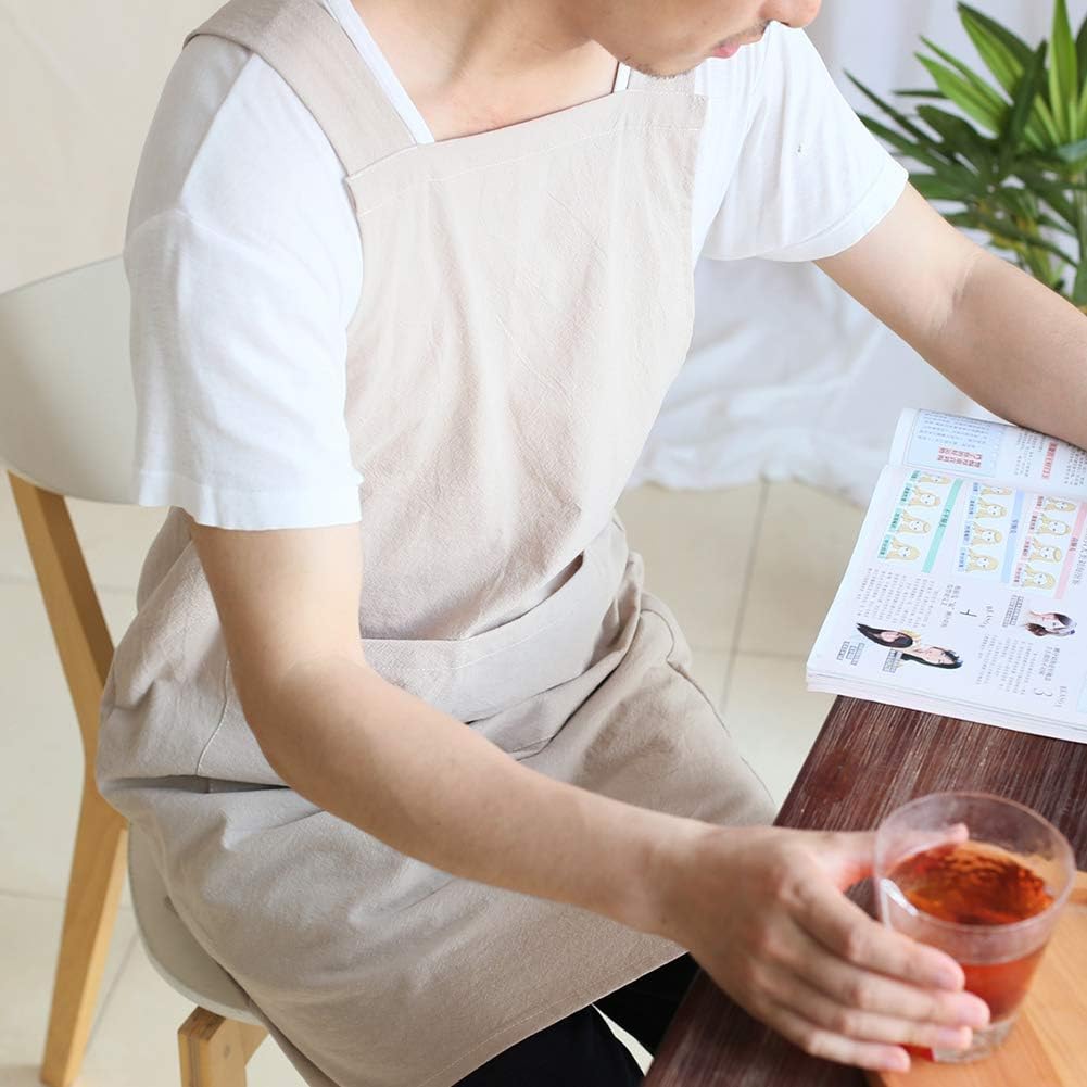 NEWGEM Delantales de cocina de lino japonés con espalda cruzada para hombres con bolsillos para hornear, pintura, jardinería, limpieza, color caqui