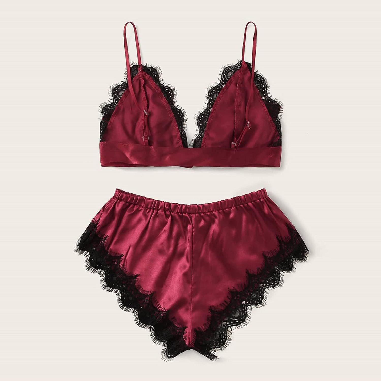 Conjunto de lencería de satén para mujer, 2 piezas, con ribete de encaje, lindo lazo, ropa de dormir exótica para noche romántica