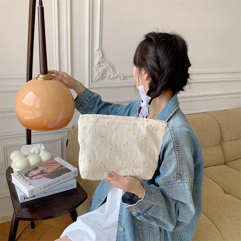 PAZIMIIK Bolsas de maquillaje para monedero, bolsa de cosméticos con cremallera, Algodón Margarita Beige, Margarita