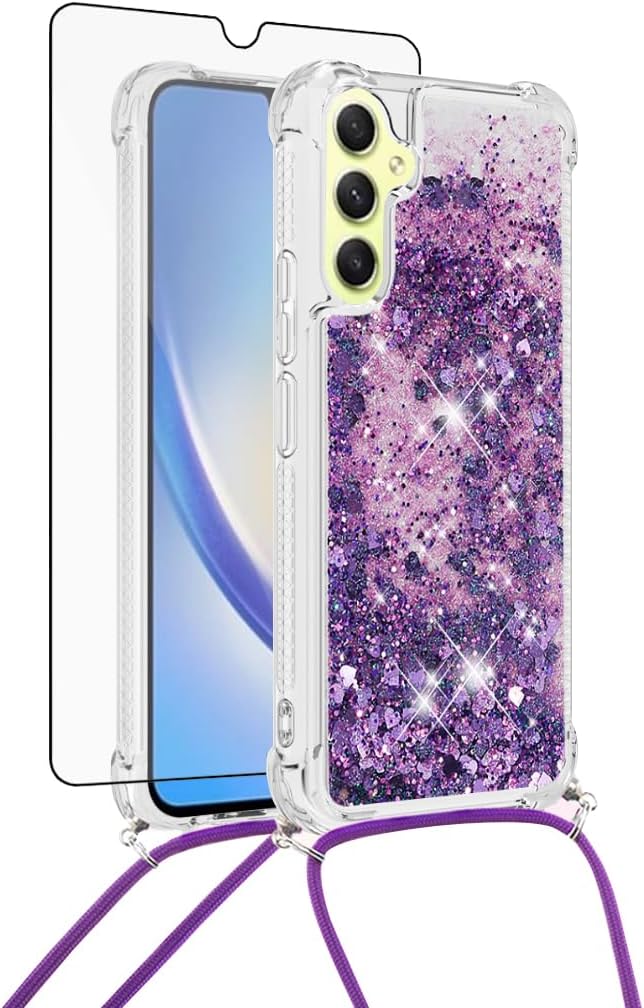 Asuwish Funda de teléfono para Samsung Galaxy A34 5G con protector de pantalla y correa cruzada, purpurina líquida brillante, transparente, delgada,