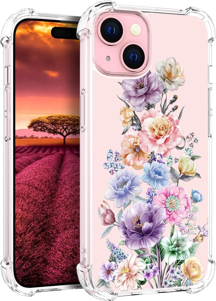Funda compatible con iPhone 15, diseño floral lindo transparente para mujeres, niñas de diseñador, funda transparente de diseño floral, teléfono 15