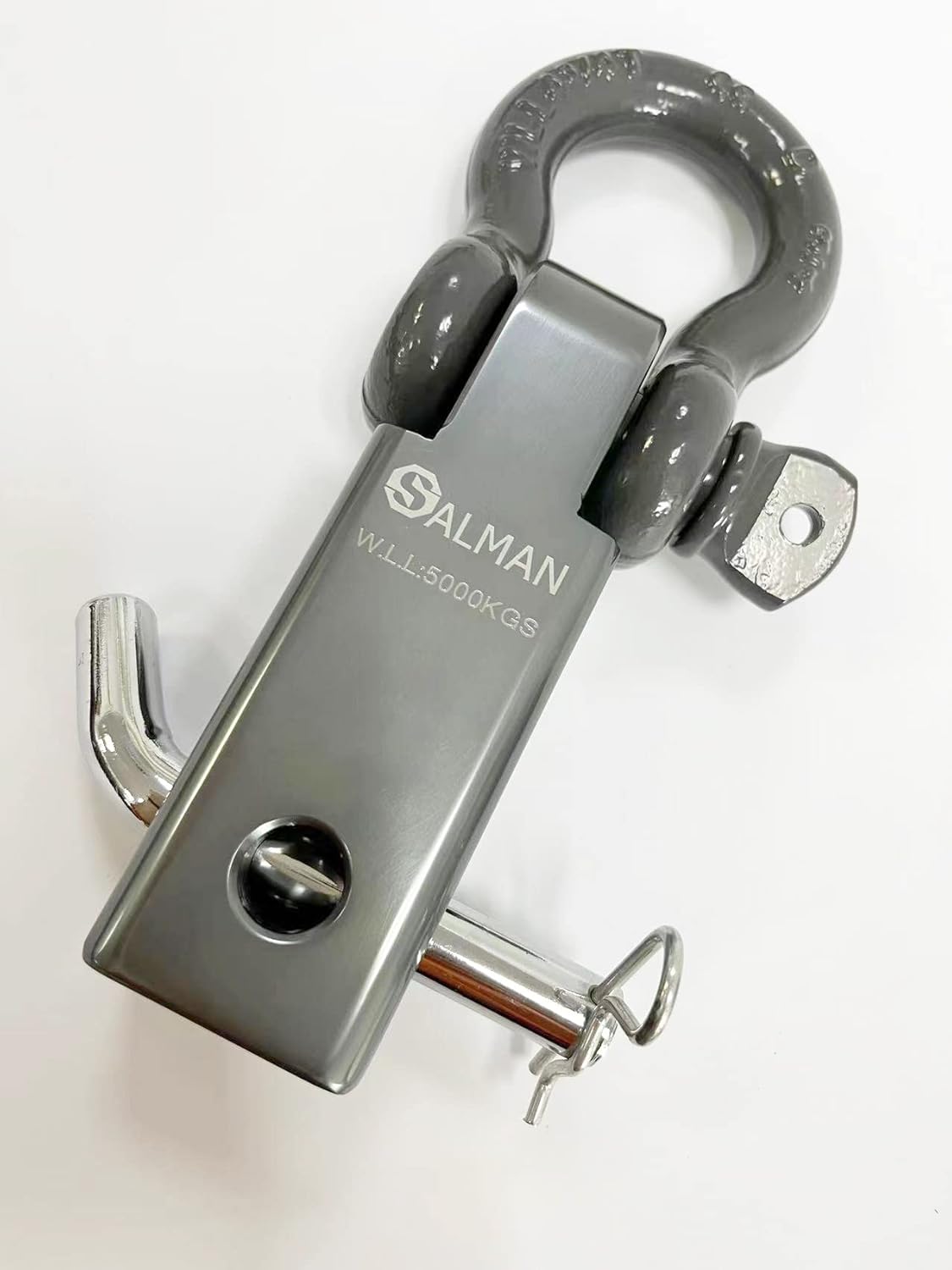 SALMAN 5T – Receptor de enganche de aleación de aluminio 6061 y grillete de arco y pin con accesorios de cabrestante con clip R (gris)