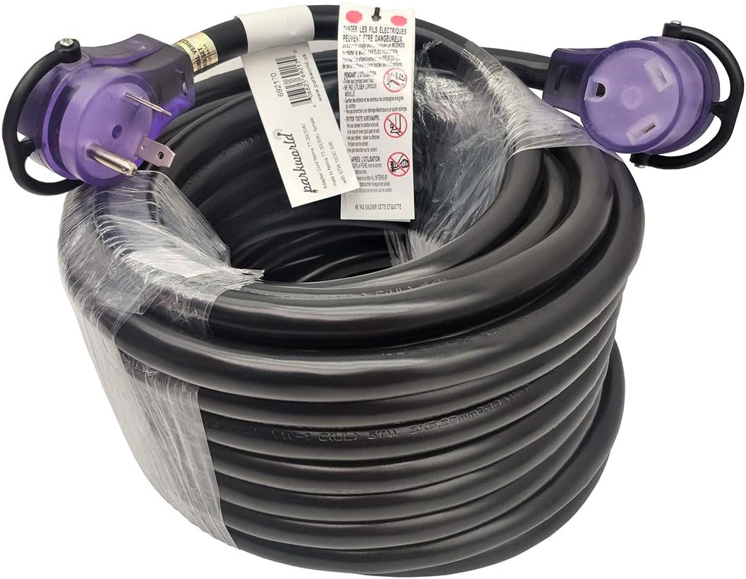Parkworld Cable de extensión RV 30A NEMA TT-30 con asa, Camper 30amp TT-30P a TT-30R (50 pies)