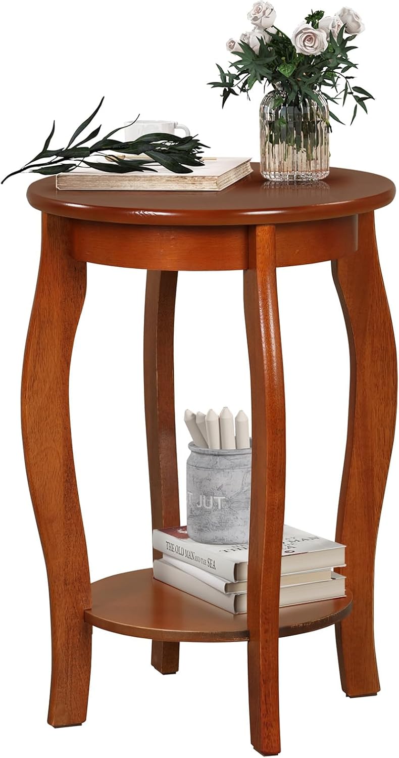 GOFLAME Mesa auxiliar redonda de 2 niveles, mesa auxiliar moderna para sofá con estante de almacenamiento, patas de madera maciza, mesa de acento