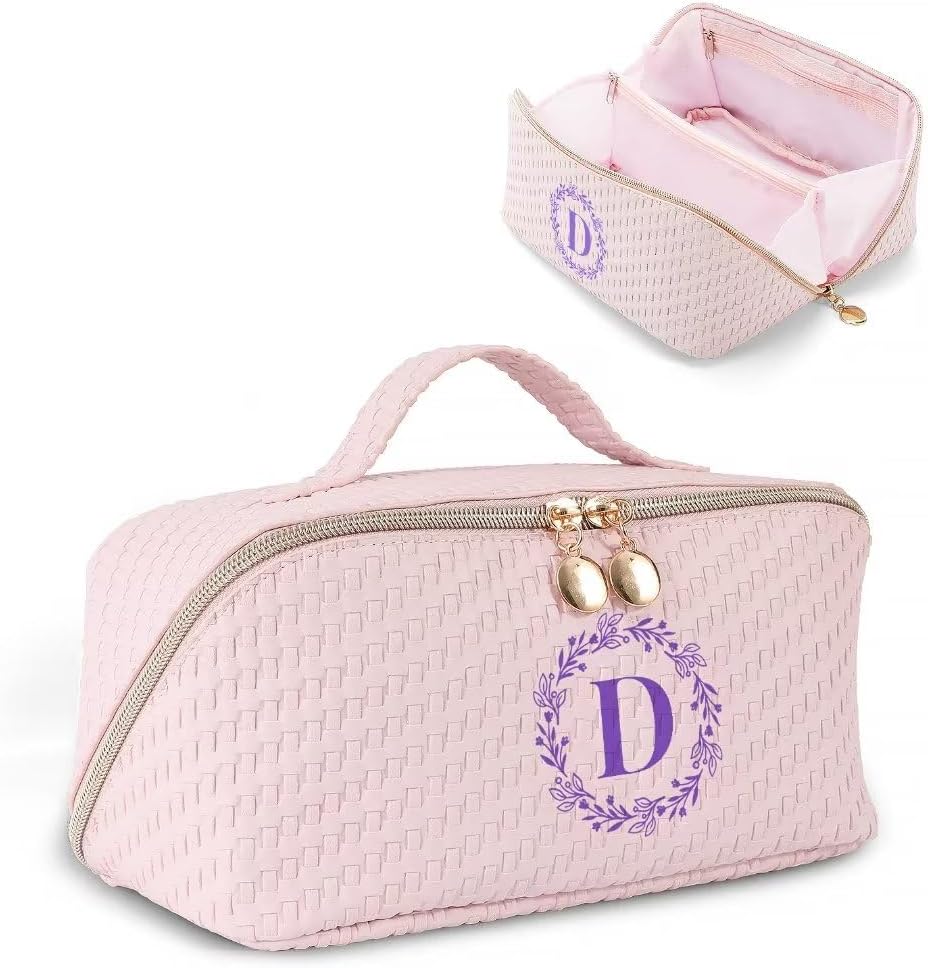 Bolsa de maquillaje, bolsa de maquillaje de viaje, bolsa de maquillaje portátil de piel sintética impermeable, organizador con asa y divisor bolsas