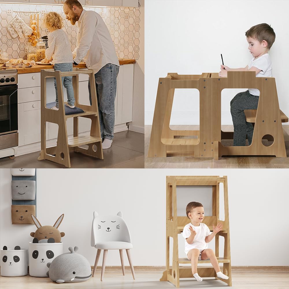 Taburete de cocina 4 en 1 para niños pequeños, taburete de torre de aprendizaje para niños con riel de seguridad y tabla blanca para escribir