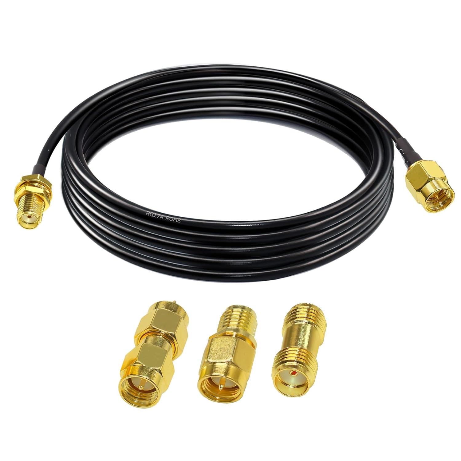 RG174 SMA Cable de extensión de antena SMA, cable coaxial SMA macho a hembra de baja pérdida de 9.8 pies (9.8 ft) + 3 conectores adaptadores
