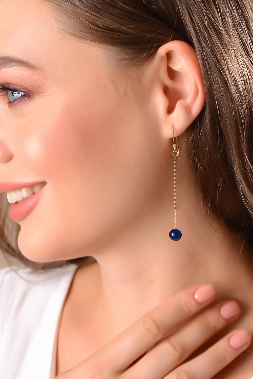 Amberistan Dangle Amber Earrings – Gold Plated Sterling Silver Earrings for Women – Blue, Red, or Green Baroque Amber Colors – Dainty Drop Long