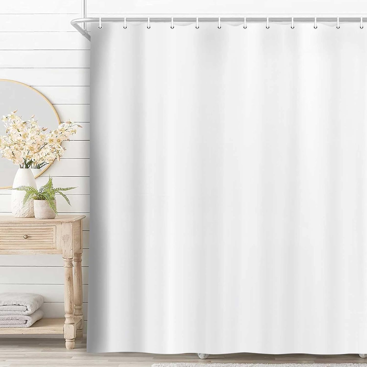 JAWO Cortina de ducha de 72 x 72 pulgadas, tela de poliéster impermeable para baño, spa y hotel, cortinas de baño de tela blanca lavables a máquina
