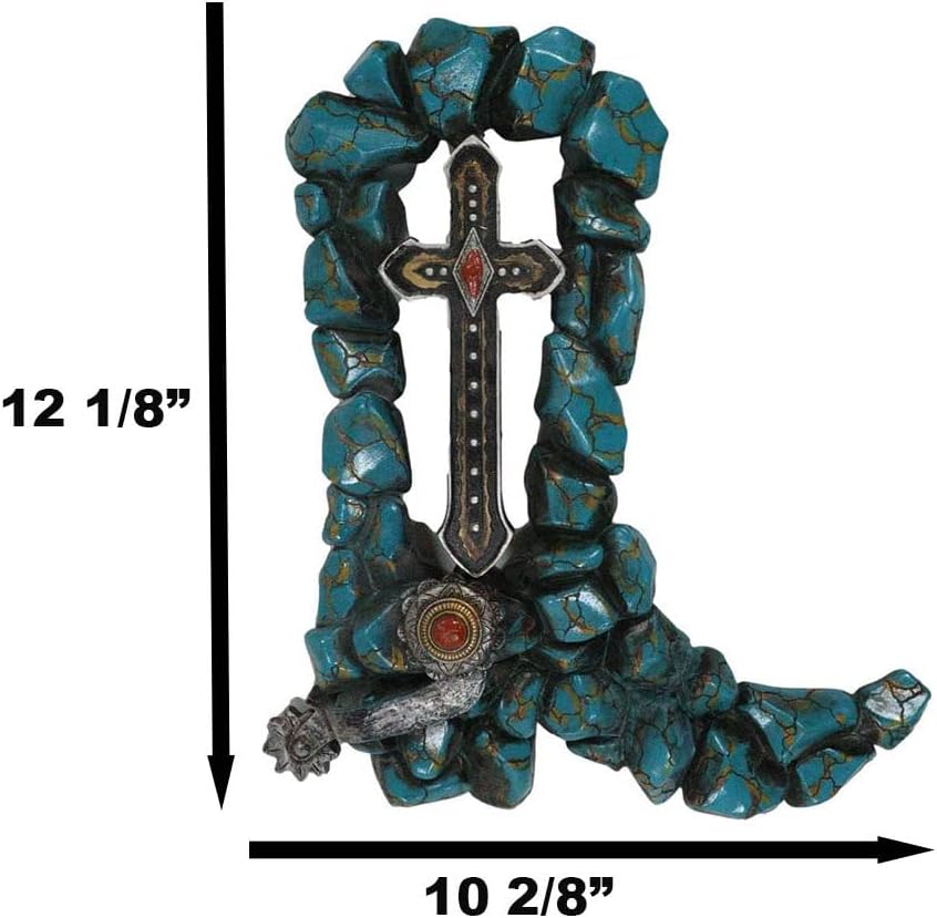 Ebros Gift Botas vaqueras rústicas con piedras preciosas de turquesa agrietada del suroeste con espolón y cruz vintage para colgar en la pared,