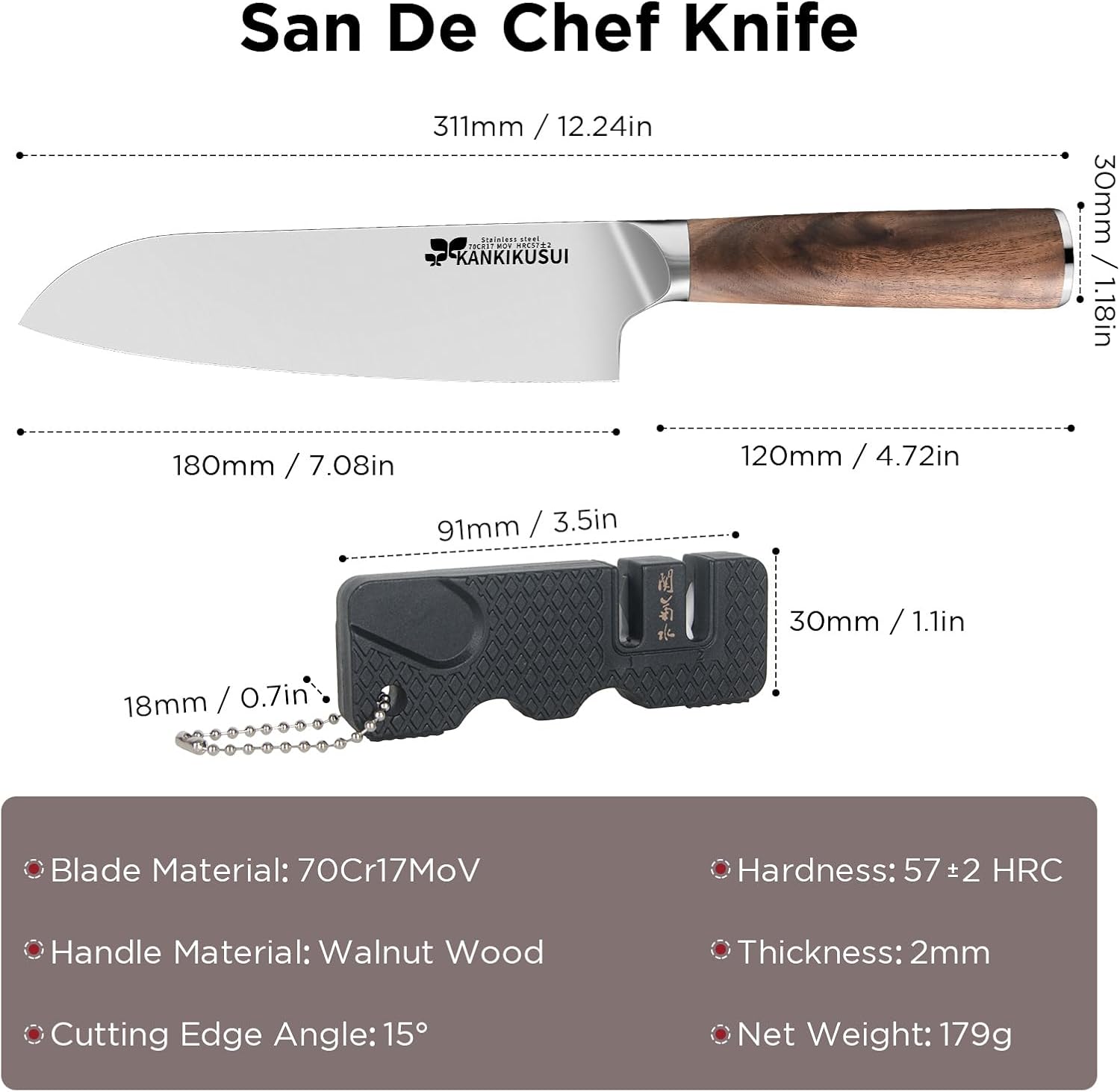 Santoku – Cuchillo de 7 pulgadas, 70CR17MOV, cuchillo de alto carbono para carneverdurafruta, juego de cuchillos con funda, sacapuntas, paño de