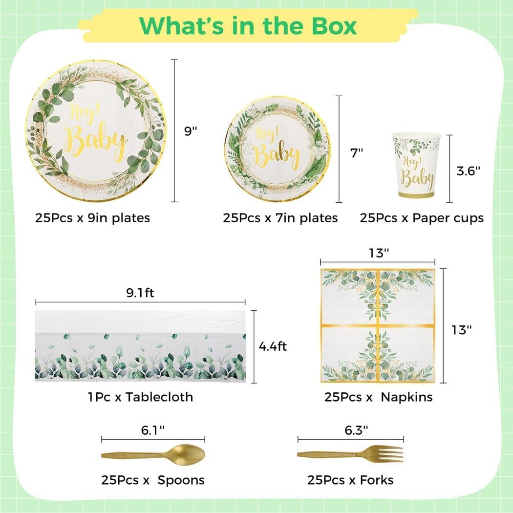 151 piezas de suministros para fiesta de baby shower, tazas de papel verde, platos, servilletas, cubiertos, kit para 25, decoración de vajilla