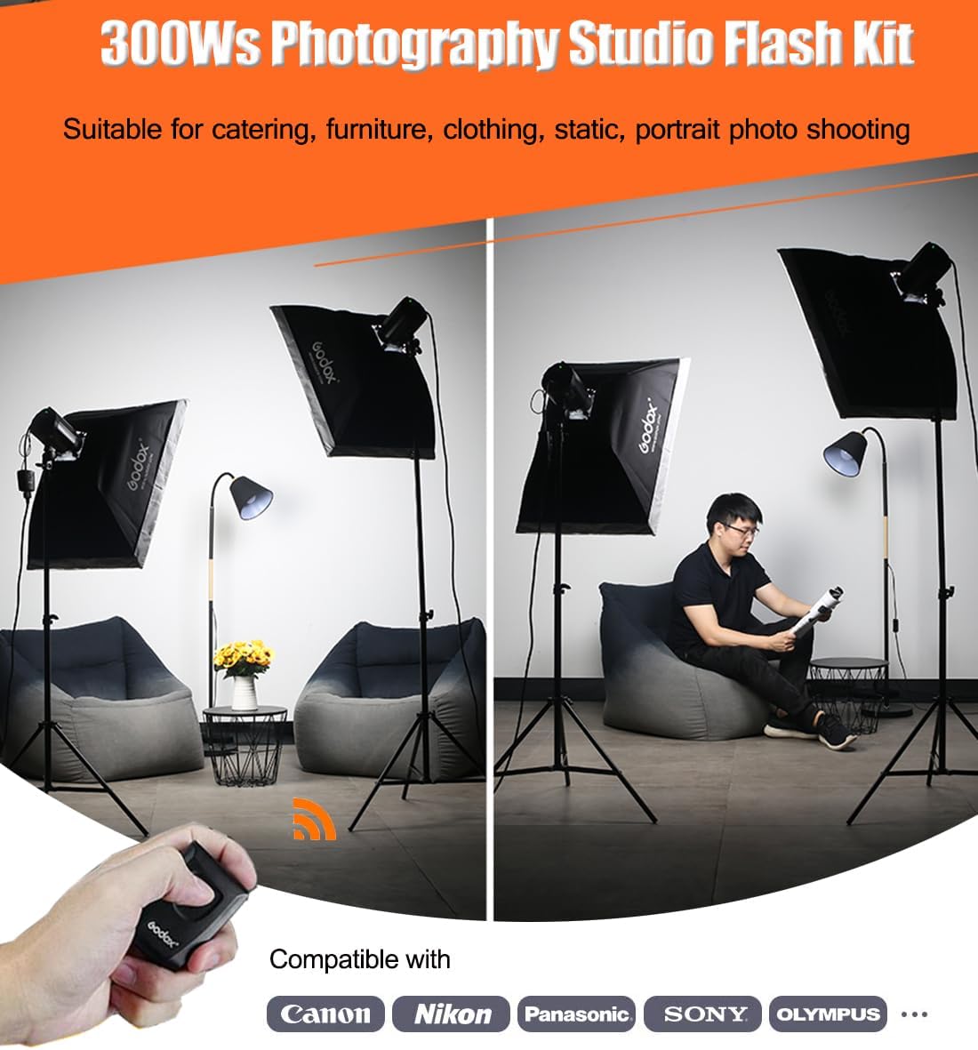 Godox Juego de 2 luces estroboscópicas MS300V 600W para estudio, 2.4G Bowens Mount Lighting Flash GN58 5800K con disparador AT-16, soportes de luz,