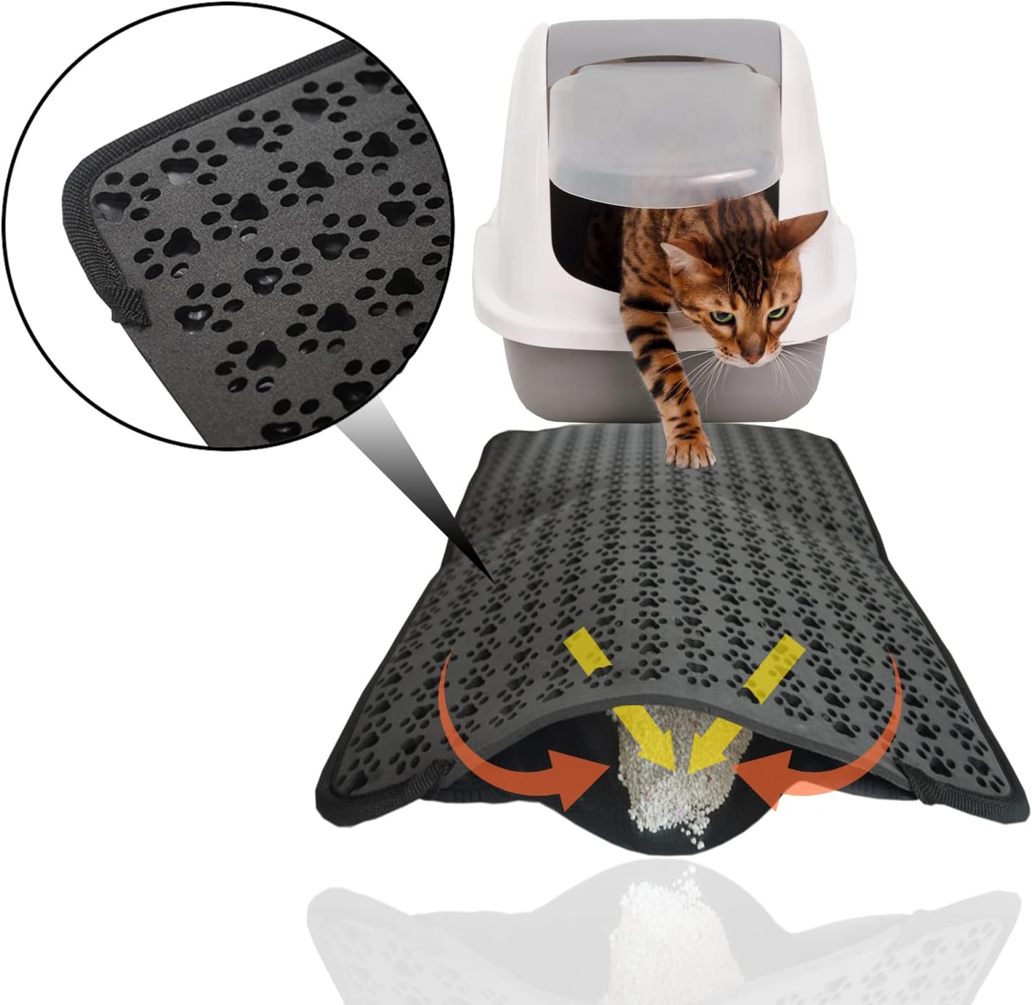 Tapete de arena para gatos para atrapar arena (guantes de aseo para mascotas para mascotas con cepillos incluidos) de doble capa con diseño de patas