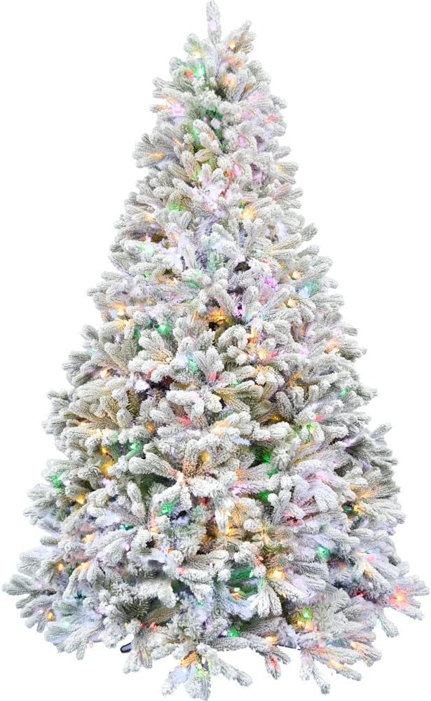 Fraser Hill Farm Árbol de Navidad artificial flocado de 6.5 pies con luces LED multicolor y soporte, árbol falso plegable preiluminado con follaje