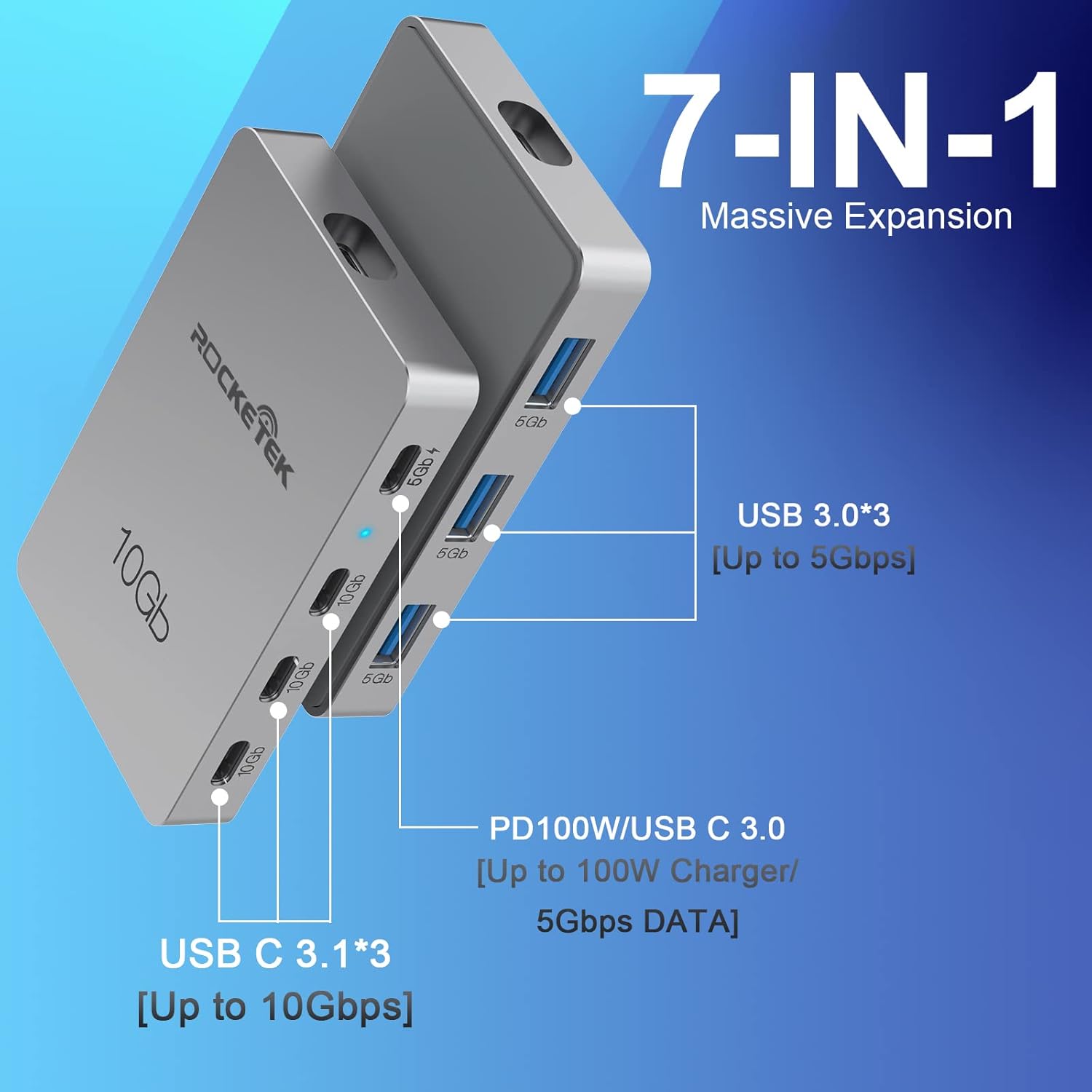 Adaptador de concentrador USB-C Gen 2 de 7 puertos 3 puertos USB-C de 10 Gbs Gen 2, 3 puertos USB 3.0 de 5 GB, Hub USB C de 100 W con datos de 5 GB,
