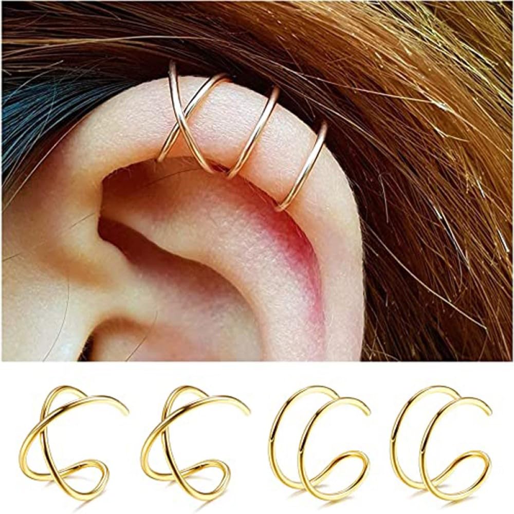 4 Pcs Stainless Steel Ear Cuff Criss Cross Double Lines Ear Cuffs Non-Piercing Minimalist fake Helix Earcuff Cartilage Earring, Huggie Helix