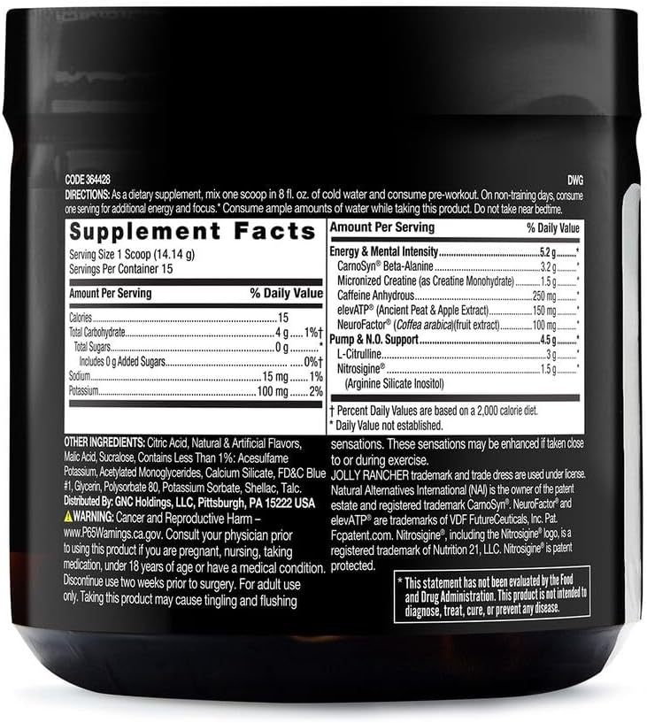 BEYOND RAW LIT  Polvo de preentrenamiento dosificado clínicamente  Contiene cafeína, L-citrulina, beta-alanina y óxido nítrico  Jolly Rancher Blue