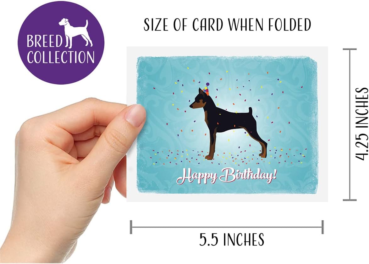 Breed Collection Tarjetas de felicitación y sobres de cumpleaños de perro Pinscher en miniatura, paquete de 8, tarjetas de notas en blanco tamaño A2