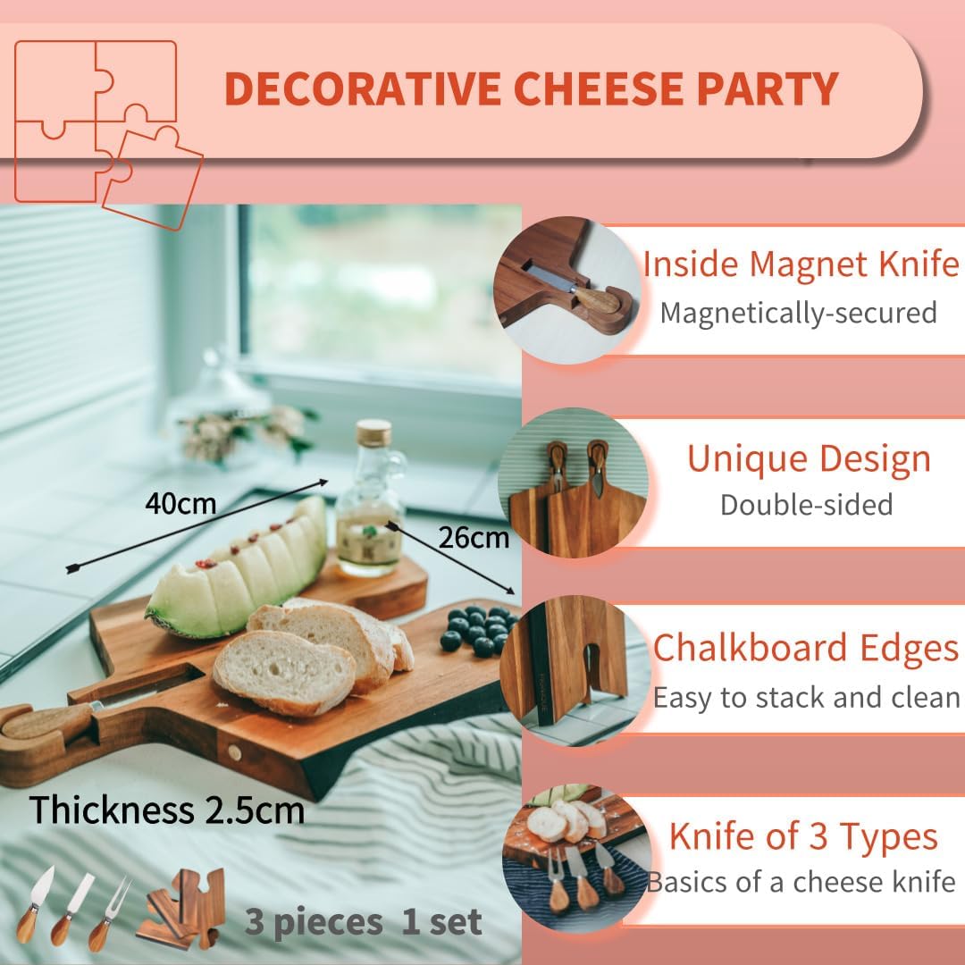 Tabla de queso de acacia con asas de rompecabezas, cuchillo, regalo perfecto para inauguración de la casa, tabla de charcutería, tablas de cortar de