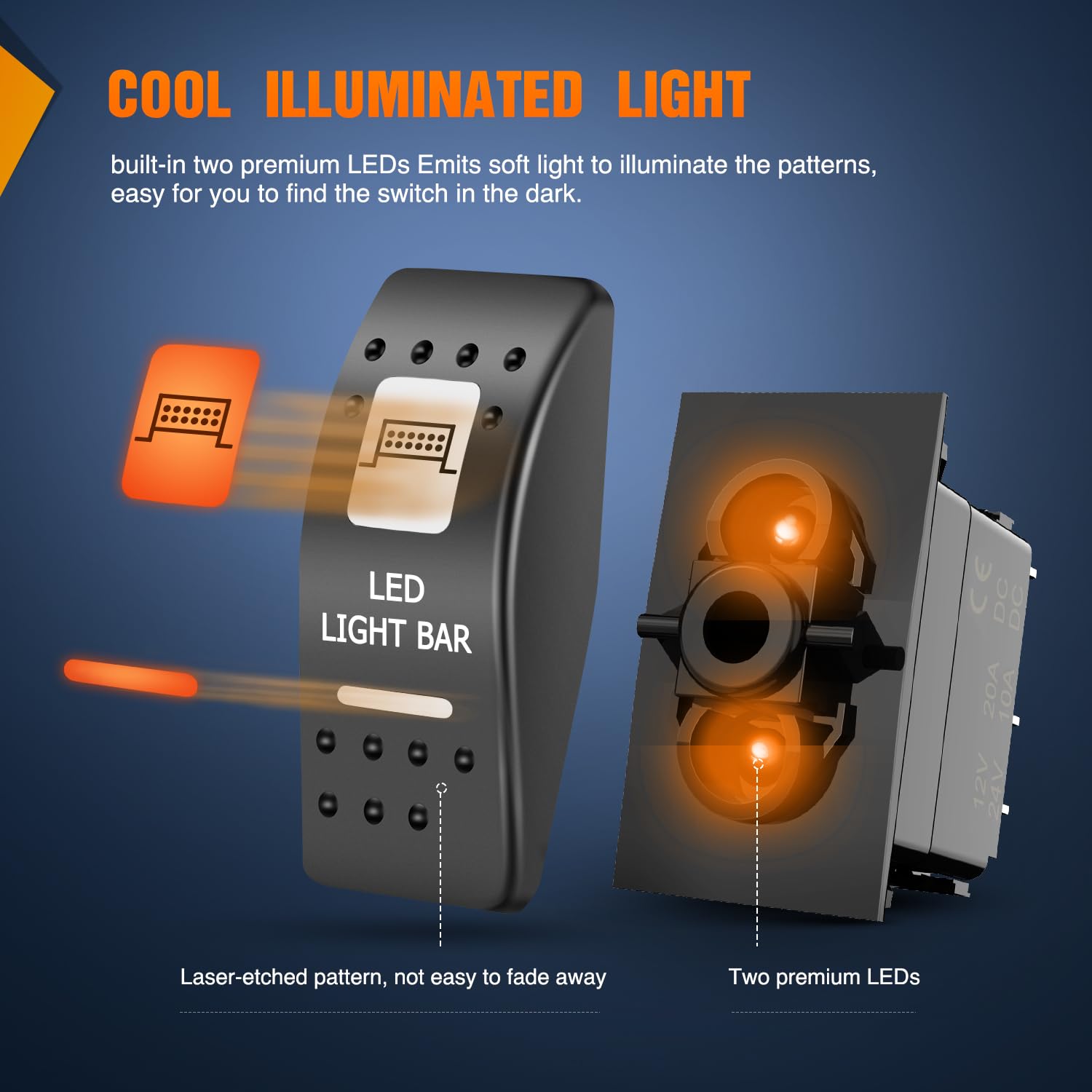 Nilight Paquete de 2 interruptores de luces traseras UTV, interruptor de barra de luz LED, interruptor SPST de 5 pines con retroiluminación naranja