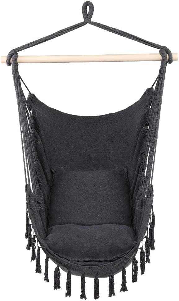 Silla hamaca colgante de cuerda con 2 cojines, silla columpio grande de macramé, tejido de algodón para mayor comodidad y durabilidad