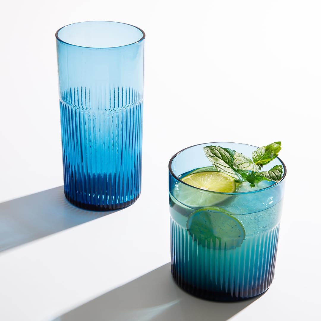 Bloomhouse Lyon Sky – Juego de 8 vasos de cristal de color azul lapislázuli hecho a mano de 18 onzas con posavasos