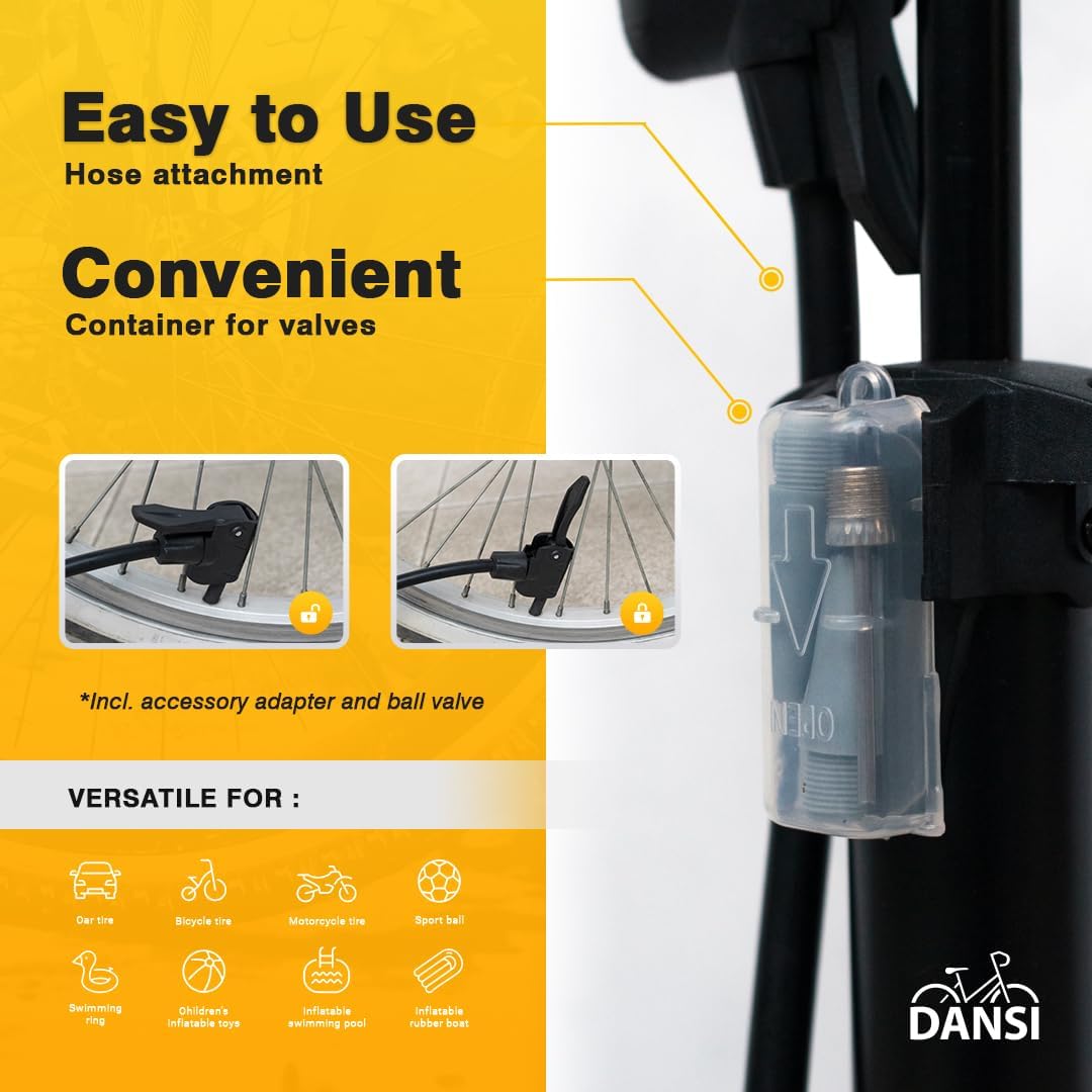 DANSI Bomba de piso para bicicleta con manómetro, bomba de bicicleta de piso con válvulas Presta y Schrader de alta presión 180 psi, bomba de aire