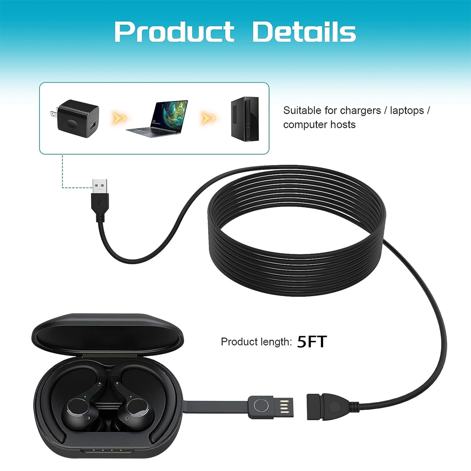 Cable de carga USB y extensión compatible con JLab Go Ai PopSport, JLab Epic Air anSport ANC, JLab JBuds AirSportExecutiveANCPlay GamingPro Wireless