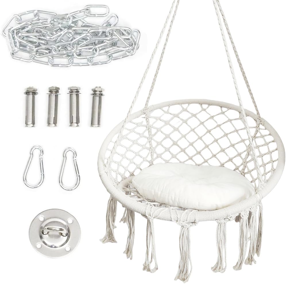 Hamaca colgante con cuerda de algodón, sillas colgantes de cuerda de algodón con cojín y kits de herramientas, sillas colgantes para balcón interior
