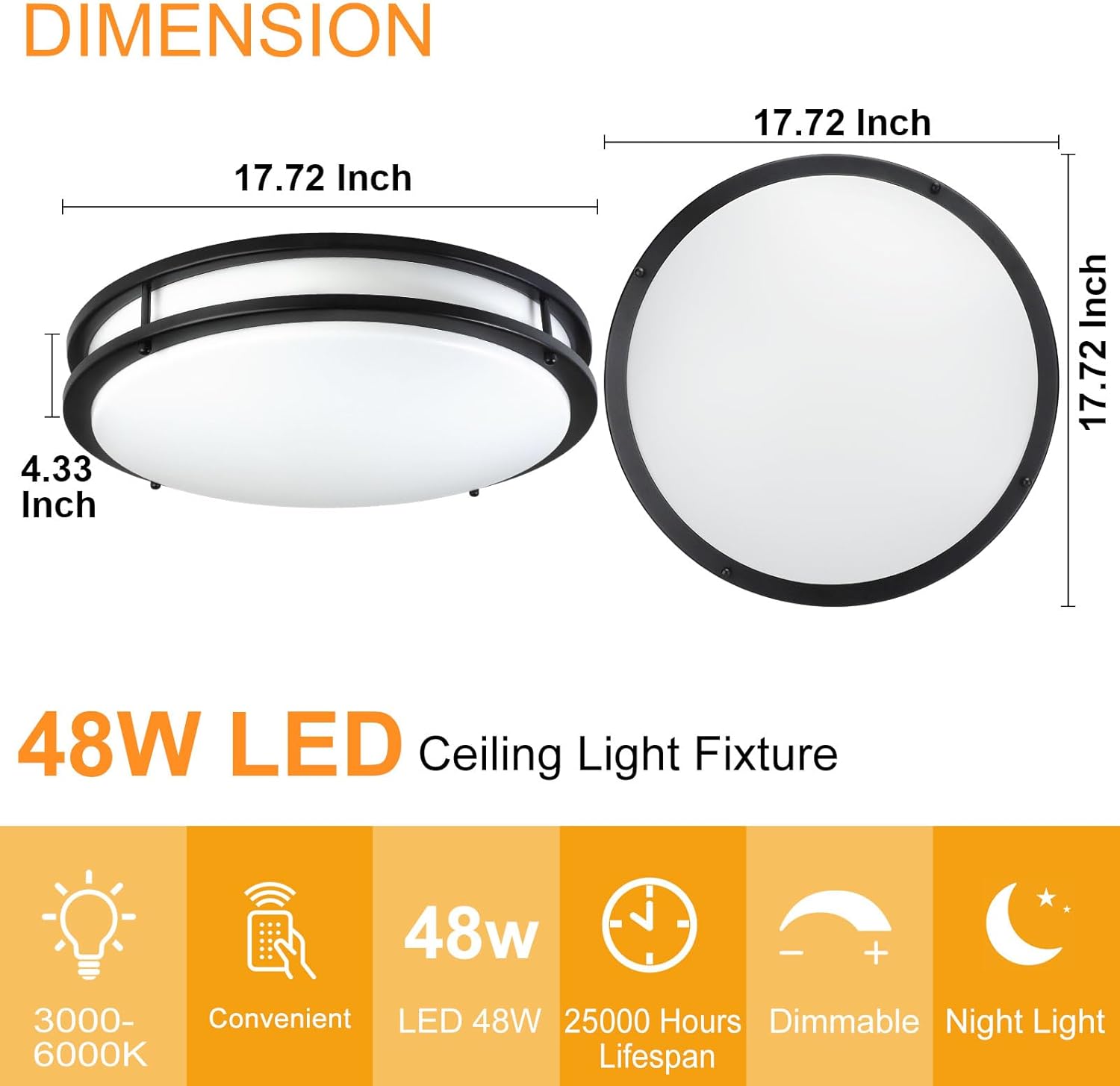 DLLT – Lámpara de techo LED moderna de 48 W con control remoto, 18 pulgadas, regulable, color negro, redondo, para dormitorio, cocina, pasillo, modo