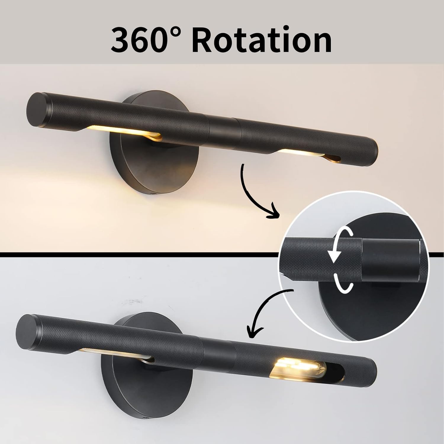 Apliques de pared negros para baño de 19 pulgadas, con textura moleteada, apliques de pared giratorios de cobre puro de 360, aplique de pared para