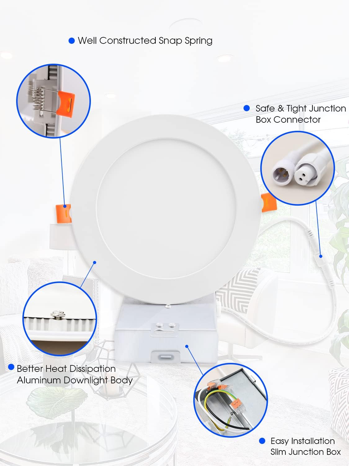 Energetic – Paquete de 12 luces LED empotrables delgadas de 6 pulgadas con caja de conexiones, 900 lúmenes, luz descendente blanca cálida de 3000 K,