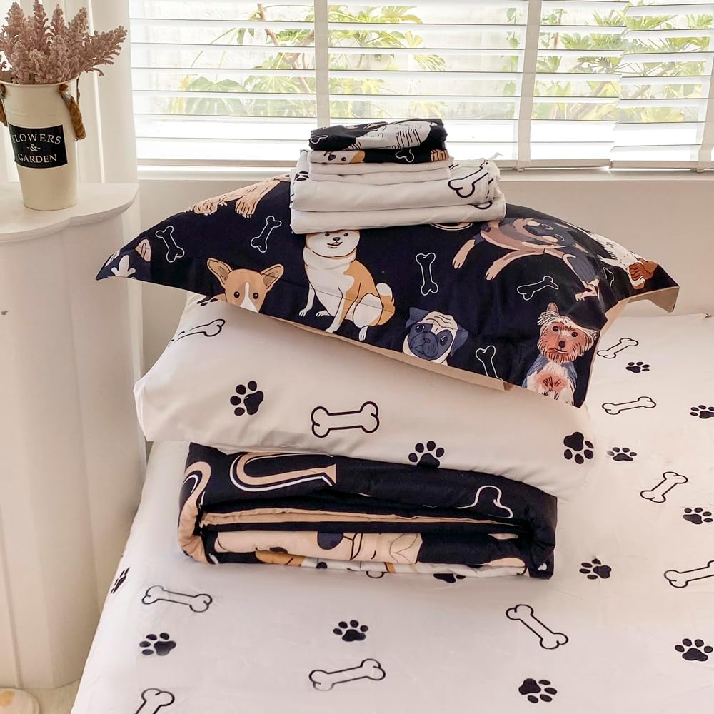 Wajade Juego de edredón de perro para niños, cama tamaño matrimonial en una bolsa para niñas y niños, 7 piezas con estampado de cachorros de