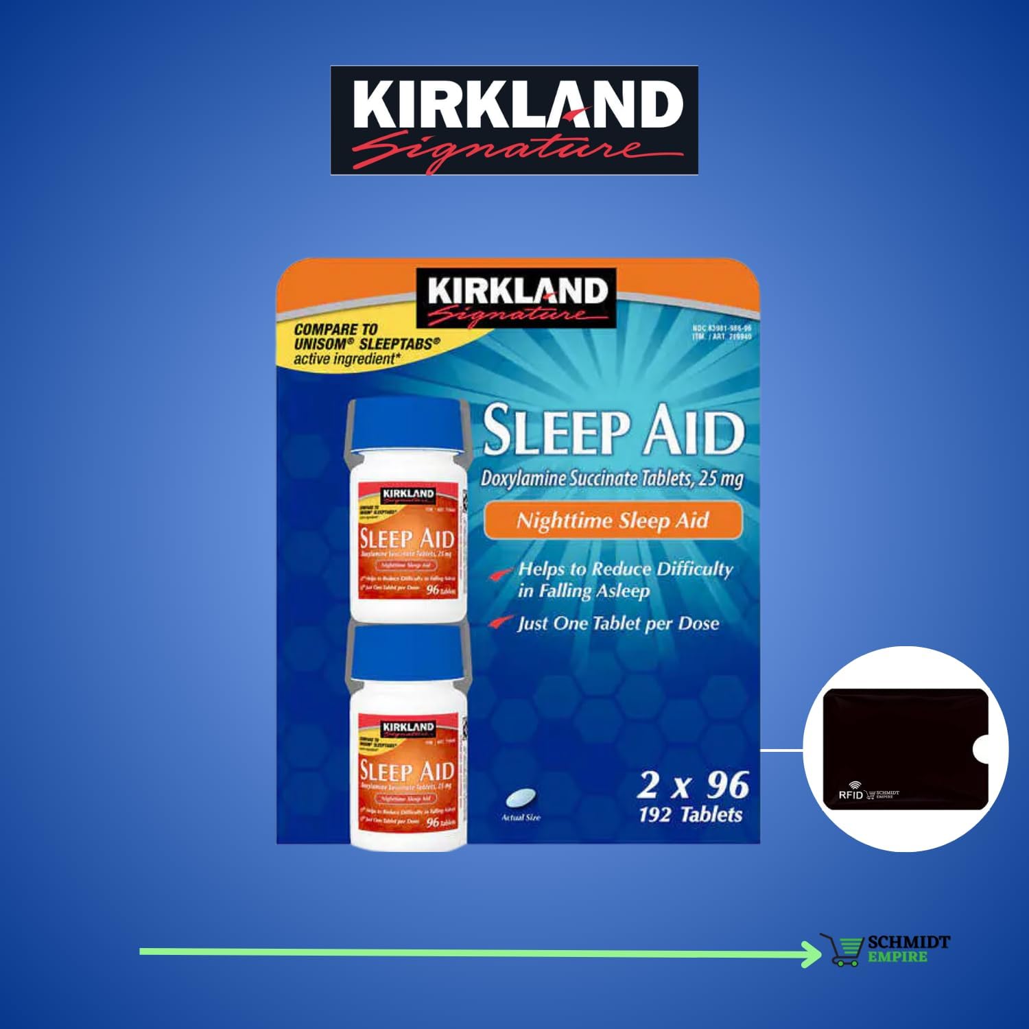 Kirkland Signature Sleep Aid Succinato de doxilamina de 25 mg (2 frascos, 96 pestañas en total 192 tabletas) + 1 protector de tarjeta SchmiidtEmpire