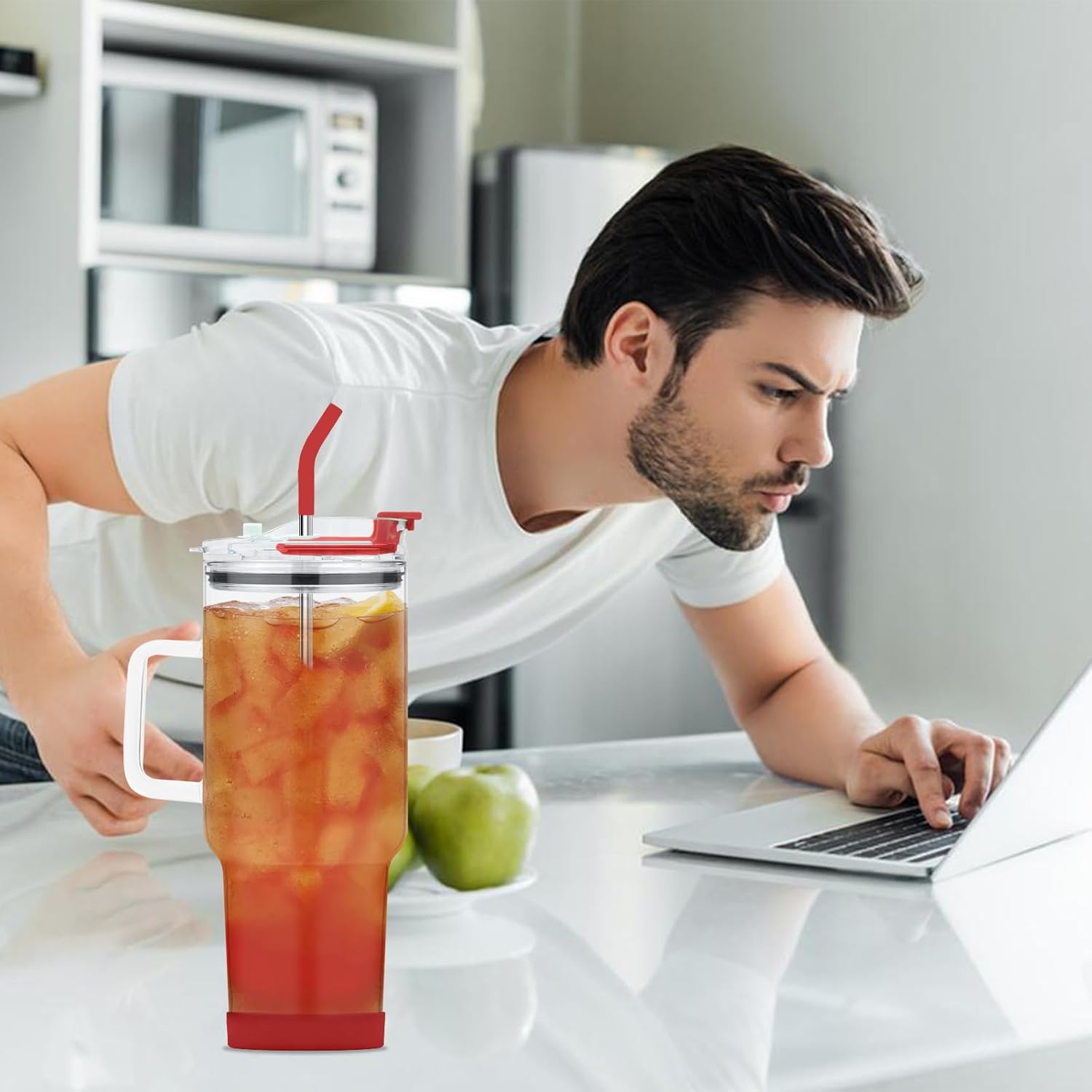 Vaso de vidrio con tapa y popotes, taza de vidrio de 40 onzas con asa, vasos para beber con posavasos de silicona, taza de agua de vidrio, taza de