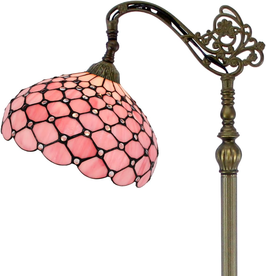 WERFACTORY Tiffany – Lámpara de pie con cuentas de perlas de color rosa, 12 x 18 x 64 pulgadas, cuello de cisne ajustable, luz de lectura para