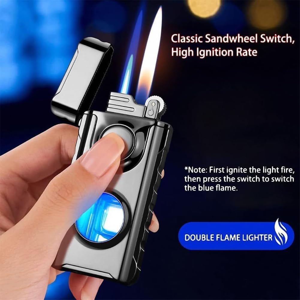 SHWORON Linterna de doble fuego, resistente al viento, encendedor de chorro, encendedor de llama suave, encendedor de butano de doble llama,
