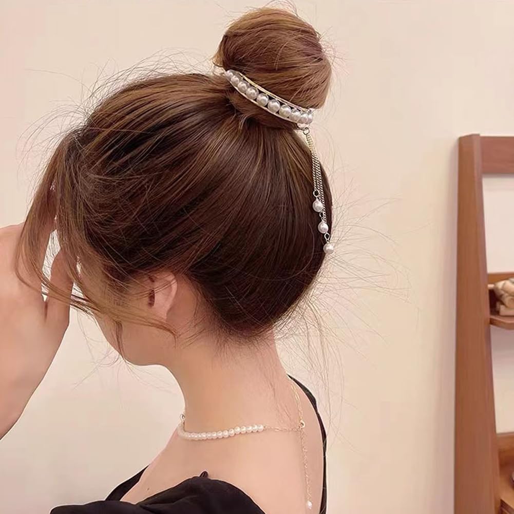 3 pinzas para el cabello con borlas y diamantes de imitación de perlas, pasadores de pelo de metal francés, soporte para moño, cola de caballo alta,