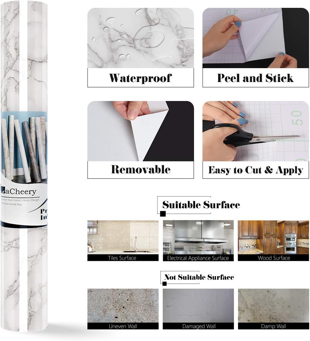 LaCheery Papel de contacto de mármol gris y blanco, papel de contacto decorativo para gabinetes, papel de contacto impermeable para encimera de