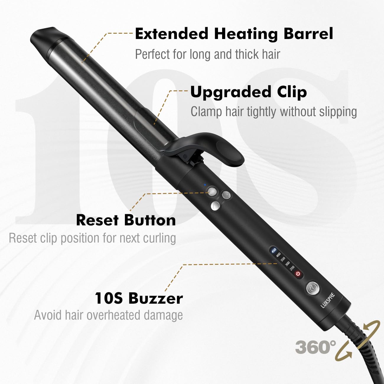 Luxspire Rizador giratorio, rizador automático de 1 14 pulgadas, rizador iónico de calor instantáneo con barril largo de titanio para cabello